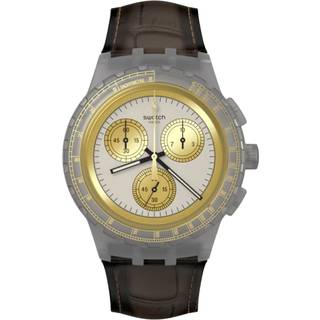 Swatch Holiday Collection Golden Radiance NEON Quartz Grey Dial Brown Leather Strap Men's Watch SUSM100