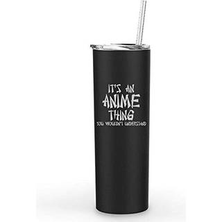 MIP Brand 20 Oz Skinny Tall Tumbler Rustfrit stål vakuumisoleret rejsekrus med halm Det er en anime ting (sort)