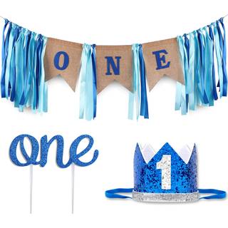 Baby 1. f?dselsdagsdrengedekorationer med Crown - Baby Boy First Birthday Decorations High Stol Banner - Cake Smash Party Supplies - Tillykke med