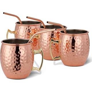 4 Moscow Mule kobbercocktailkrus i hamret design, gavesæt med rustfrit stål sugerør og rengøringsbørste
