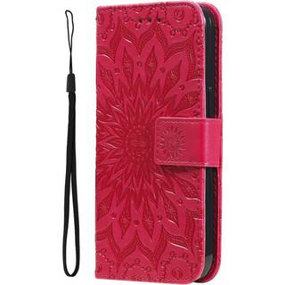 iPhone 15 Pro Max Læder Flip Cover m. Pung og Strop - Mandala Blomst - Rød