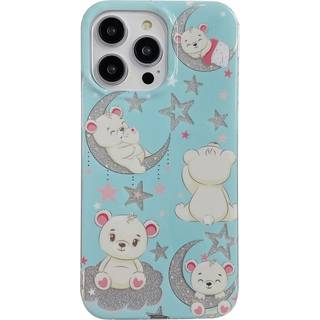 iPhone 14 Pro Glitter Plastik Bagside Cover - Bjørne & Stjerner