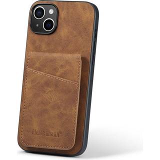 iPhone 14 Læderbelagt Plastik Bagside Cover m. Kortholdere og Ståfunktion - Brun