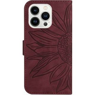 iPhone 15 Pro Læder Flip Cover m. Pung & Strop - Solsikke Indgravering - Vinrød