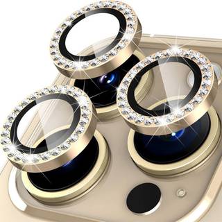 Kameralinse Beskyttelse m. Rhinsten til iPhone 15 Pro / 15 Pro Max - Guld