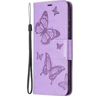 Samsung Galaxy A22 (5G) Imiteret Læder Cover m. Pung - Lilla Sommerfugl