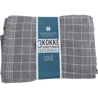3 stk. Kokkeviskestykker - 50x70 cm grå viskestykker med hvide tern