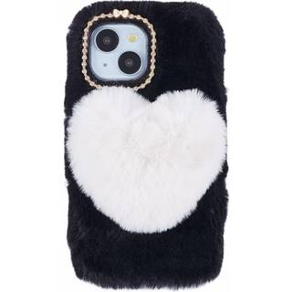 iPhone 15 Fleksibelt Plastik Bagside Cover m. Pels - Hjerte - Sort / Hvid