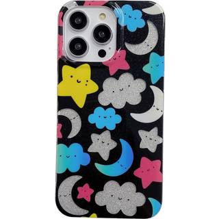 iPhone 14 Pro Glitter Plastik Cover - Sort / Stjerner & Måner