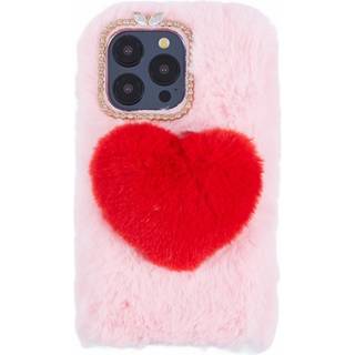 iPhone 15 Pro Fleksibelt Plastik Bagside Cover m. Pels - Hjerte - Rød / Pink