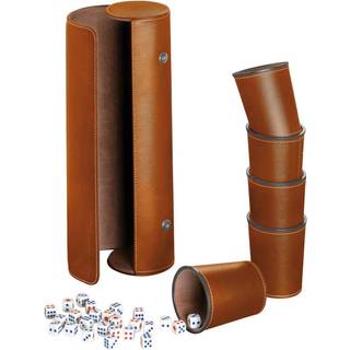 Synthetic leather dice cup set of 5 with case incl. 25 dice, brown (7996)