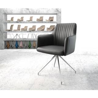 Esszimmerstuhl Greg-Flex Echt-Leder Schwarz Kreuzgestell konisch Edelstahl Taschenfederkern - Schwarz, Silber