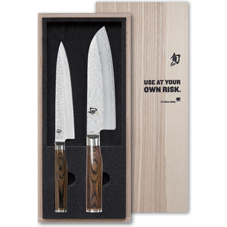 KAI Shun Premier Tim Mälzer 2-teiliges Set mit Allzweck- & Santokumesser - Damaststahl - Griff Pakkaholz - Braun,Silber
