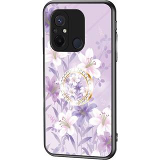 Xiaomi Redmi 12C Plastik Bagside Cover m. Glasbagside & Magnetisk Kickstand / Finger Ring - Lilla m. Blomster