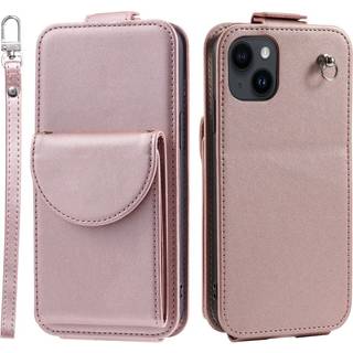 iPhone 15 Vertikalt Læder Flip Cover m. Pung / Ståfunktion / Strop - Rose Gold