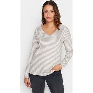 Lts Tall Stone Brown & White Stripe Vneck Cotton Tshirt 12 Lts | Tall Women's Basic Tops