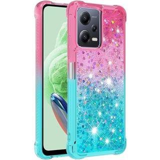 SKALO Xiaomi Redmi Note 12 5G Kvicksand Glitter Hjerter TPU Cover - Pink-Turkis