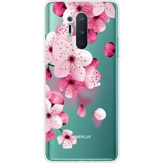 OnePlus 8 Pro Fleksibel Plastik Bagside Cover m. Print - Gennemsigtig / Lyserøde Blomster