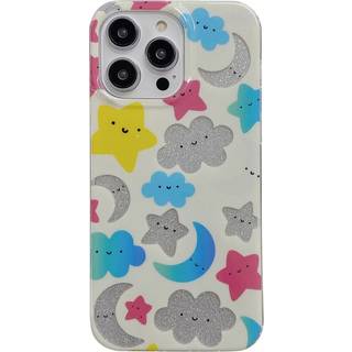 iPhone 14 Pro Glitter Plastik Bagside Cover - Hvid / Stjerner & Måner