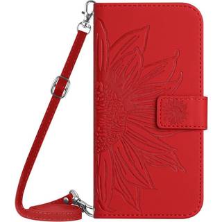 iPhone 15 Pro Læder Flip Cover m. Pung & Strop - Solsikke Indgravering - Rød