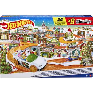 Hot Wheels Adventskalender 2023: 8 køretøjer (1:64) + 16 vintertilbehør, snerydder Yeti og rensdyr, legetæppe til kreativ historiefortælling