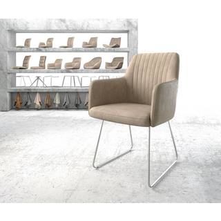 Esszimmerstuhl Greg-Flex Mikrofaser Beige Vintage Kufengestell Edelstahl Taschenfederkern - Beige, Silber