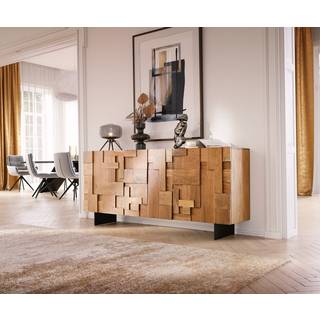 Sideboard Puzzle 175 cm Akazie Natur 3 Türen Fuß schwebend Metall Schwarz - Natur, Schwarz