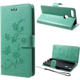 Huawei P Smart mobiletui i kunstlæder med indgraveret sommerfugl og blomster - Grøn