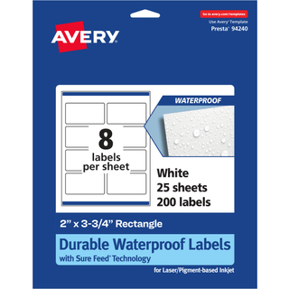 Avery holdbare vandtætte rektangeletiketter 2 """" x 3,75 """" 200 tæller print-til-the-kant laser/pigmentbaseret inkjet-kompatibel