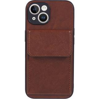 iPhone 15 Læderbetrukket Fleksibelt Plastik Bagside Cover m. Kortholder - Brun