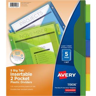 Avery Dividere for 3 Ring Binders 5-Tab Binder Dividers To-Pocket Plastic Binder Dividers Inds?ttelige store faner Multicolor Works med arkbeskyt