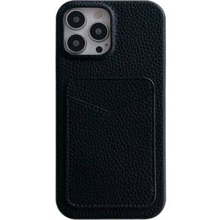iPhone 15 Litchi Læderbetrukket Plastik Bagside Cover m. Kortholder - Sort