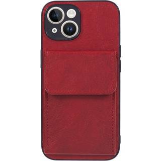 iPhone 15 Læderbetrukket Fleksibelt Plastik Bagside Cover m. Kortholder - Rød