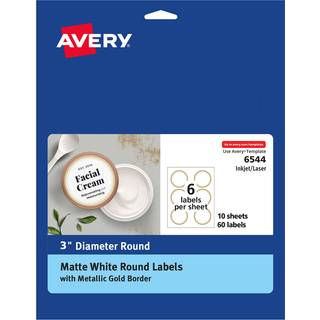 Avery Matte hvide mærker med metalliske guldgrænser 3 """" Runde etiketter 60 Total laser/inkjet -udskrivbare etiketter (6544)