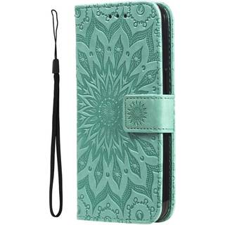 iPhone 15 Pro Læder Flip Cover m. Pung og Strop - Mandala Blomst - Grøn