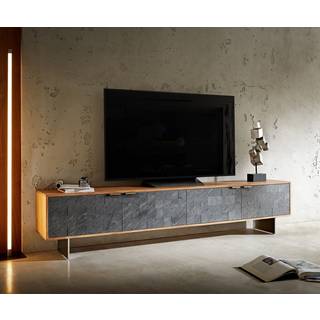 Lowboard Teele 220 cm Akazie Natur Schiefer 4 Türen Fuß schwebend Edelstahl - Natur, Silber