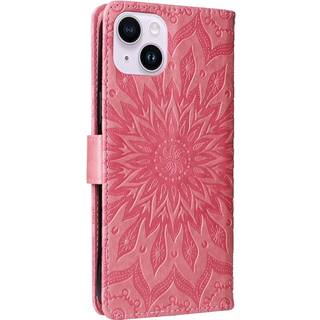 iPhone 15 Plus Læder Flip Cover m. Pung og Strop - Mandala Blomst - Lyserød