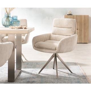 Esszimmerstuhl Abelia-Flex mit Armlehnen Cord Beige Kreuzgestell kantig Edelstahl - Beige, Silber