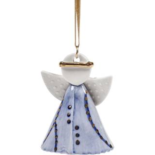 Englen Helene i blå porcelæn med bånd til ophæng