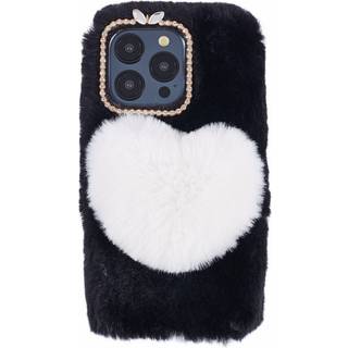 iPhone 15 Pro Fleksibelt Plastik Bagside Cover m. Pels - Hjerte - Sort / Hvid