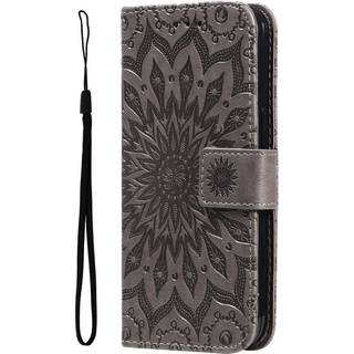 iPhone 15 Pro Max Læder Flip Cover m. Pung og Strop - Mandala Blomst - Grå