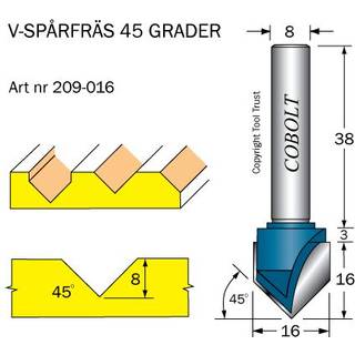 Cobolt HM-fasefræser 45 grader, D=16 mm