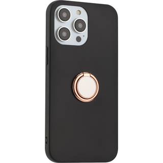 iPhone 15 Pro Fleksibelt Plastik Cover m. Ring Kickstand - Sort m. Magnetisk Rose Gold Ring
