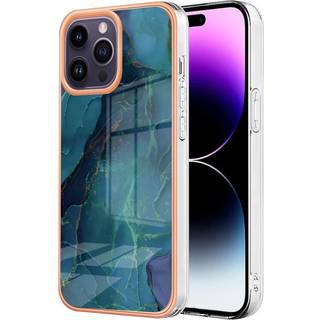 iPhone 15 Pro Max Hybrid Plastik Bagside Cover - Grøn / Blå Marmor
