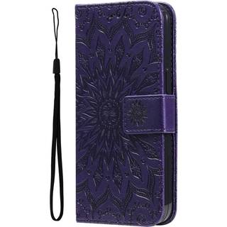 iPhone 15 Pro Læder Flip Cover m. Pung og Strop - Mandala Blomst - Lilla