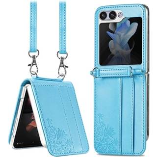Samsung Galaxy Z Flip5 Floral Print Cover med Rem - Blå
