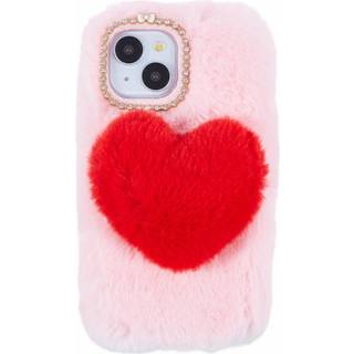 iPhone 15 Fleksibelt Plastik Bagside Cover m. Pels - Hjerte - Rød / Pink