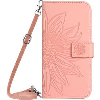 iPhone 15 Læder Flip Cover m. Pung & Strop - Solsikke Indgravering - Lyserød