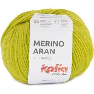 Katia Merino Aran 100 Gulgrøn Indhold: 52% superwash merinould, 48% akryl Vægt/længde: 100 g = ca. 155 meter Anbefalede pinde: 4.5-5.5 mm Strikkefasthed: 10 x 10 cm = 16 m x 20 p Vask: Finvask 30℃ / Kan tørretumbles.