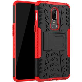 Oneplus 6 mobiletui i kombi-materialer med indbygget stativ og dækmønster - Rød